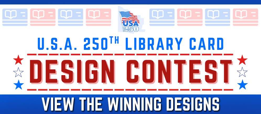 Red and blue library cards with the text USA 250th Library Card Design Contest, View the winning designs