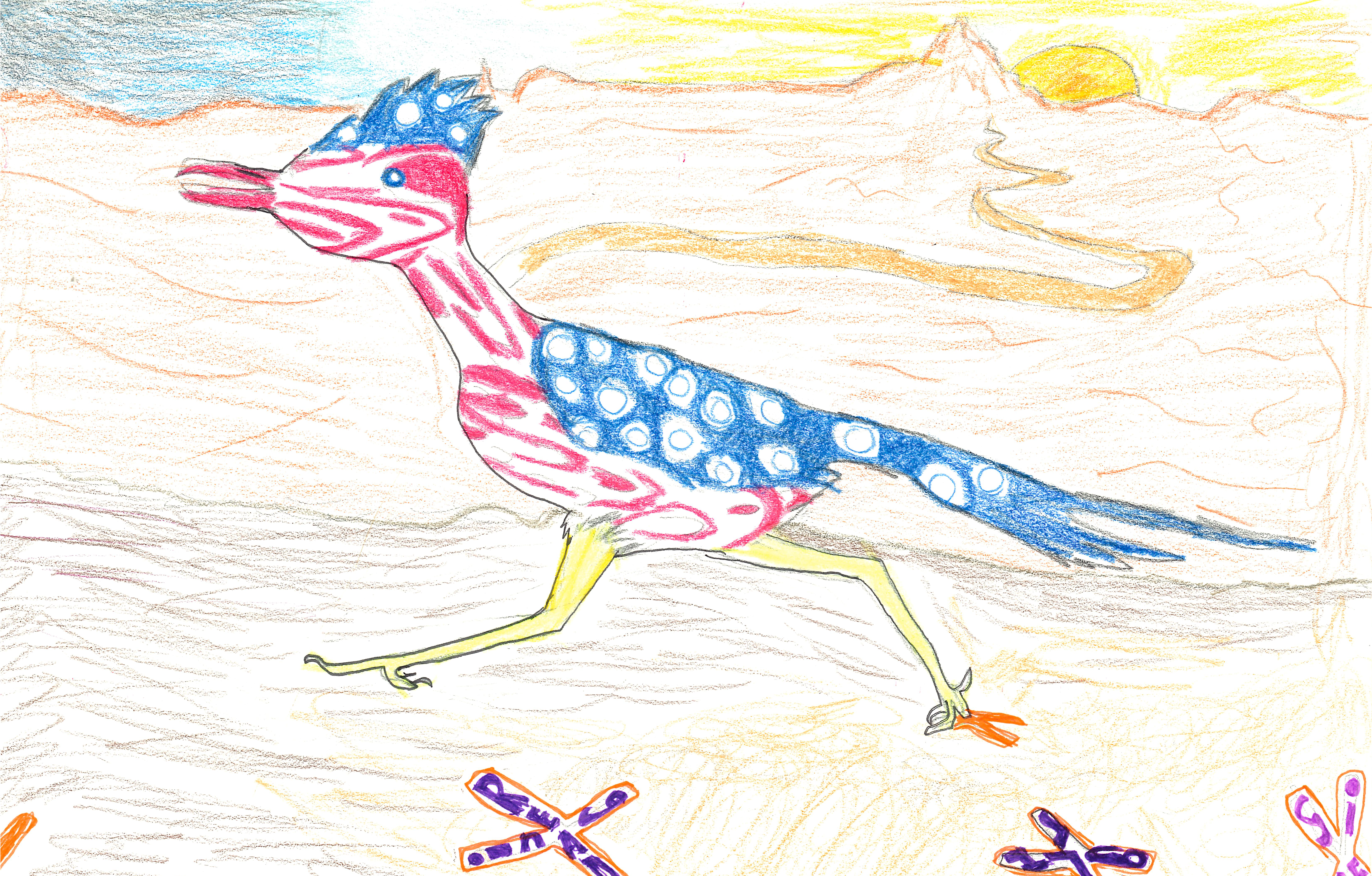 Roadrunner with red, white and blue markings in a desert scene